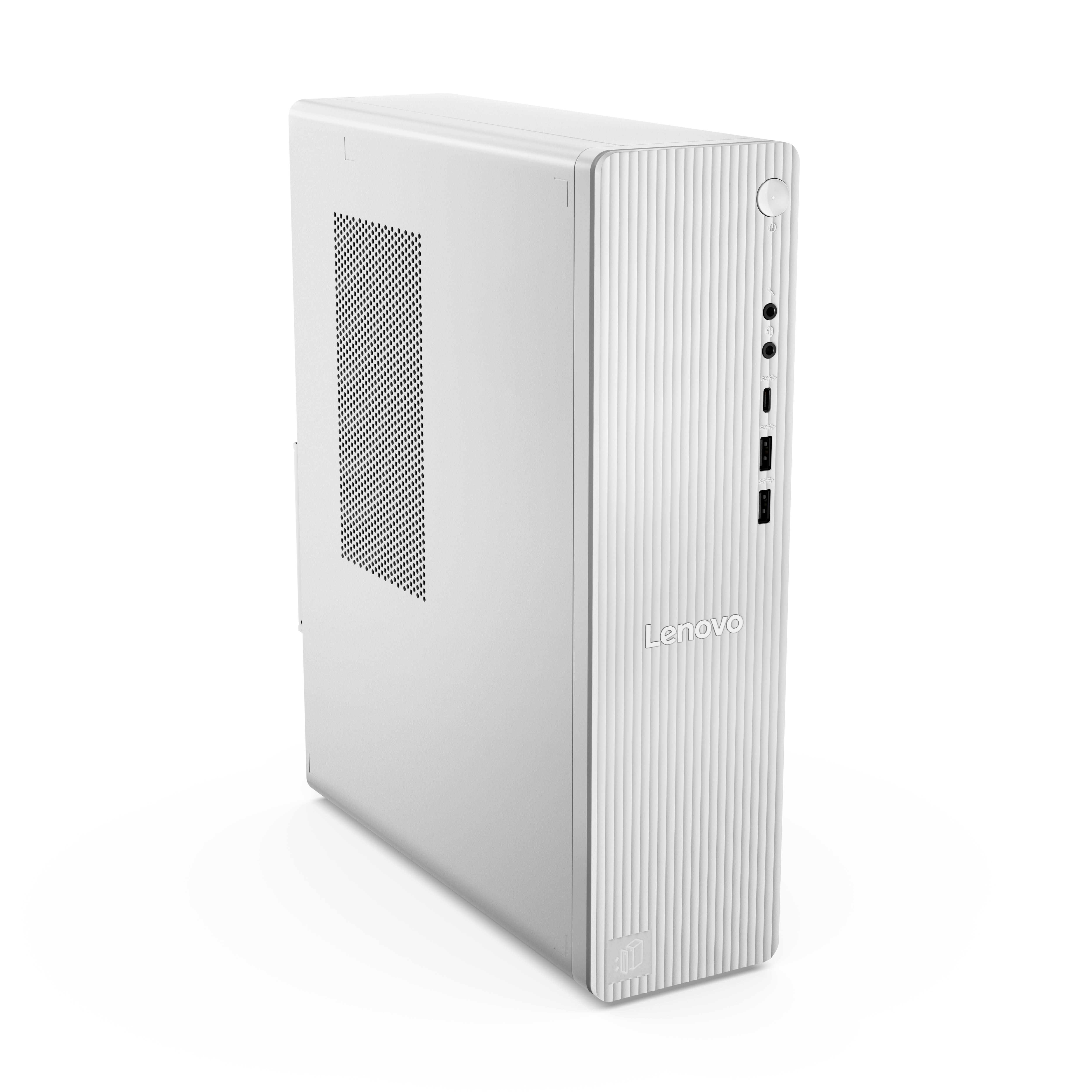 Ein weißer Lenovo-PC mit vertikalen Rillen und Anschlüssen an der Vorderseite.