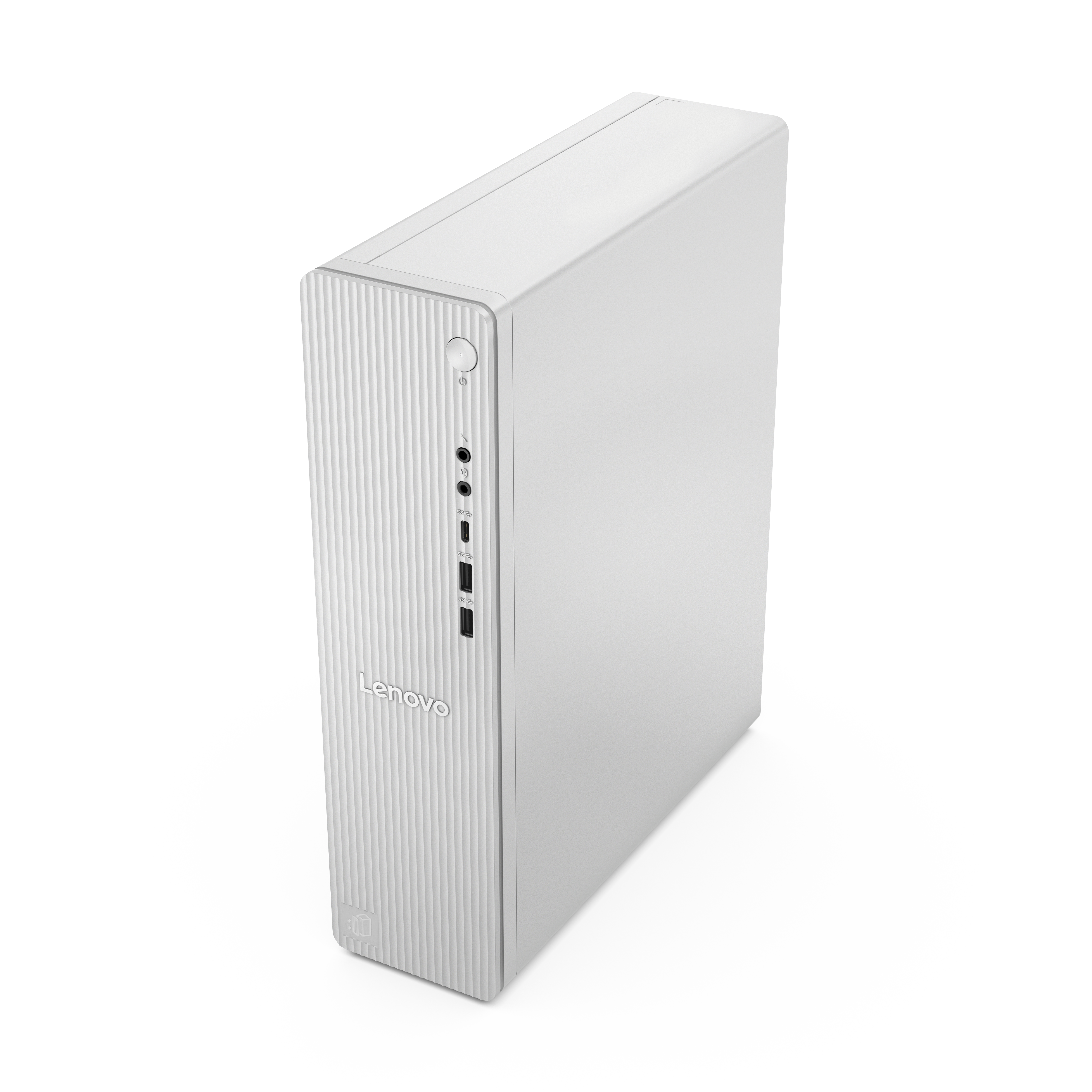 Ein weißer Lenovo PC-Tower mit geriffelter Frontplatte und Anschlüssen.