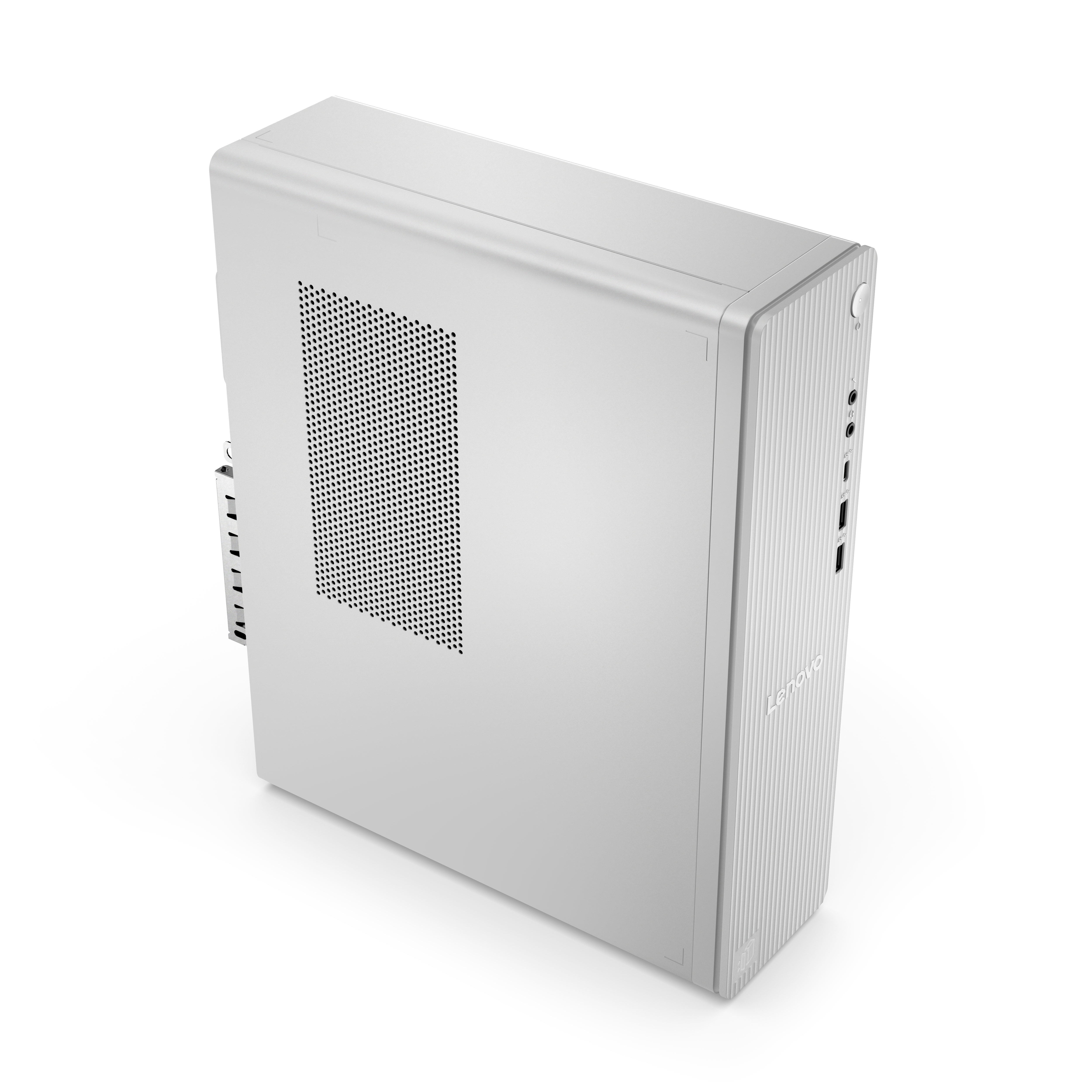 Ein silberner Lenovo PC-Tower mit Lüftungsgitter und Anschlüssen.