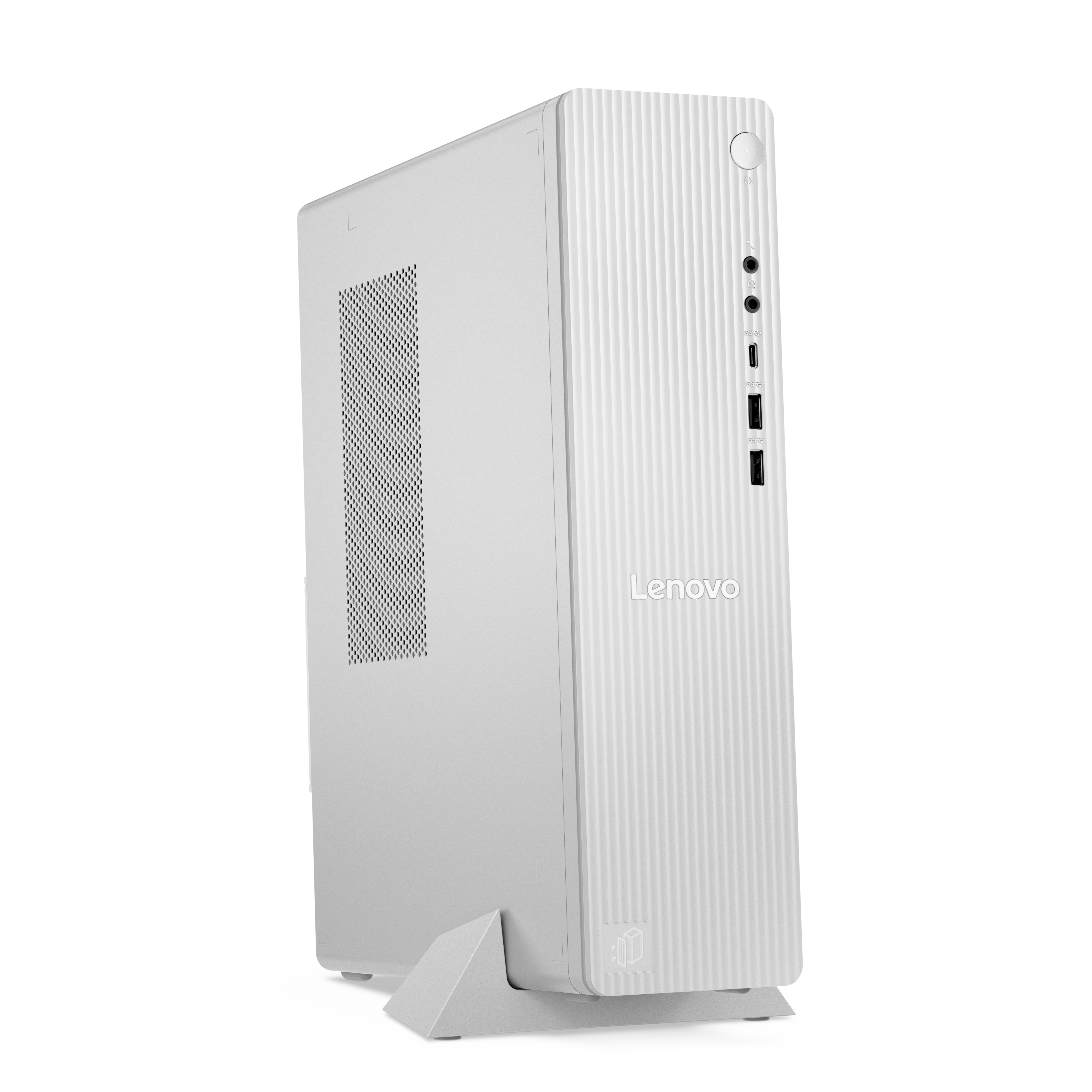 Ein schlanker, weißer Lenovo PC-Tower steht auf einem silbernen Ständer, vorn mit Anschlüssen.