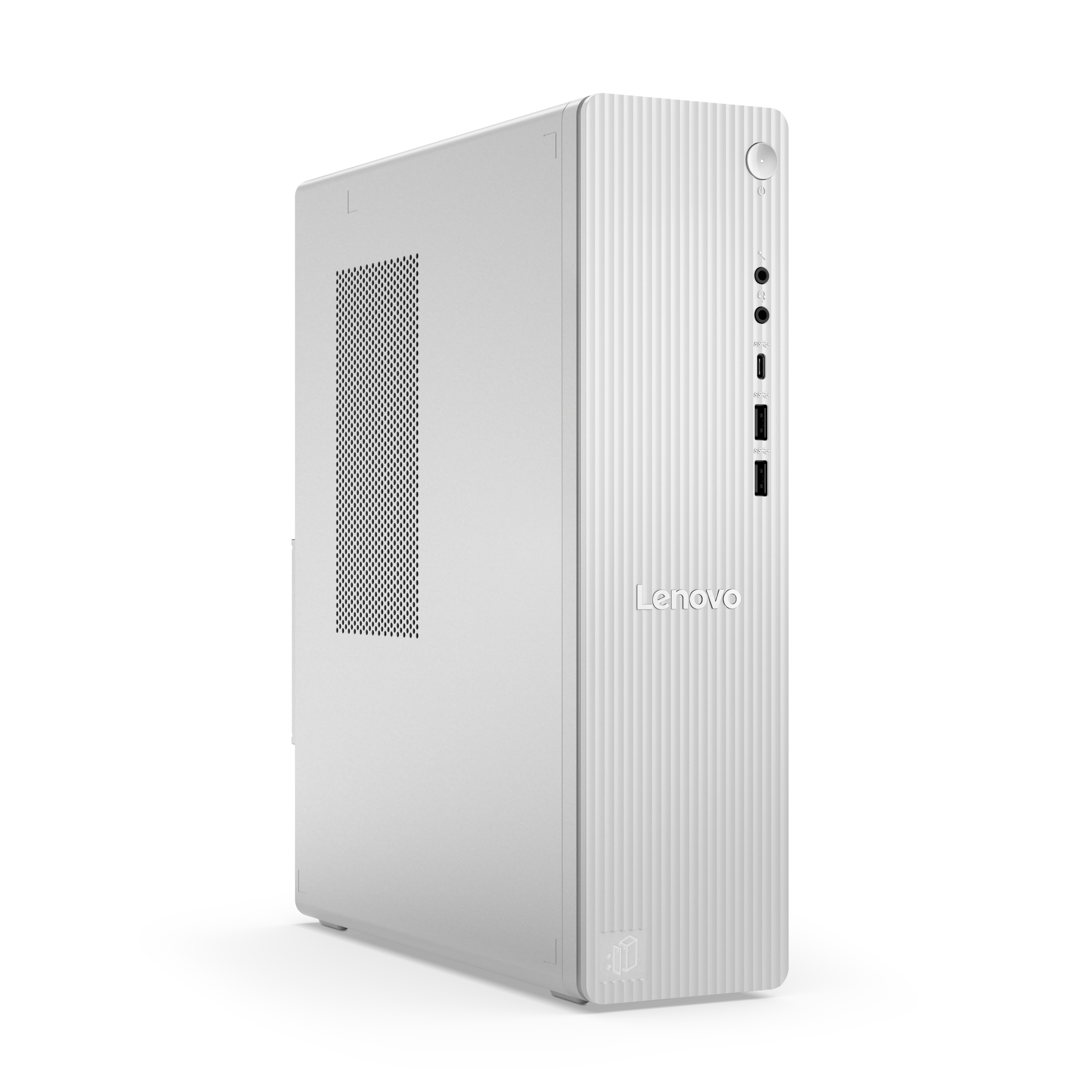 Ein schlankes, weißes Lenovo-Tower-Gehäuse mit vertikalen Rillen und Anschlüssen.