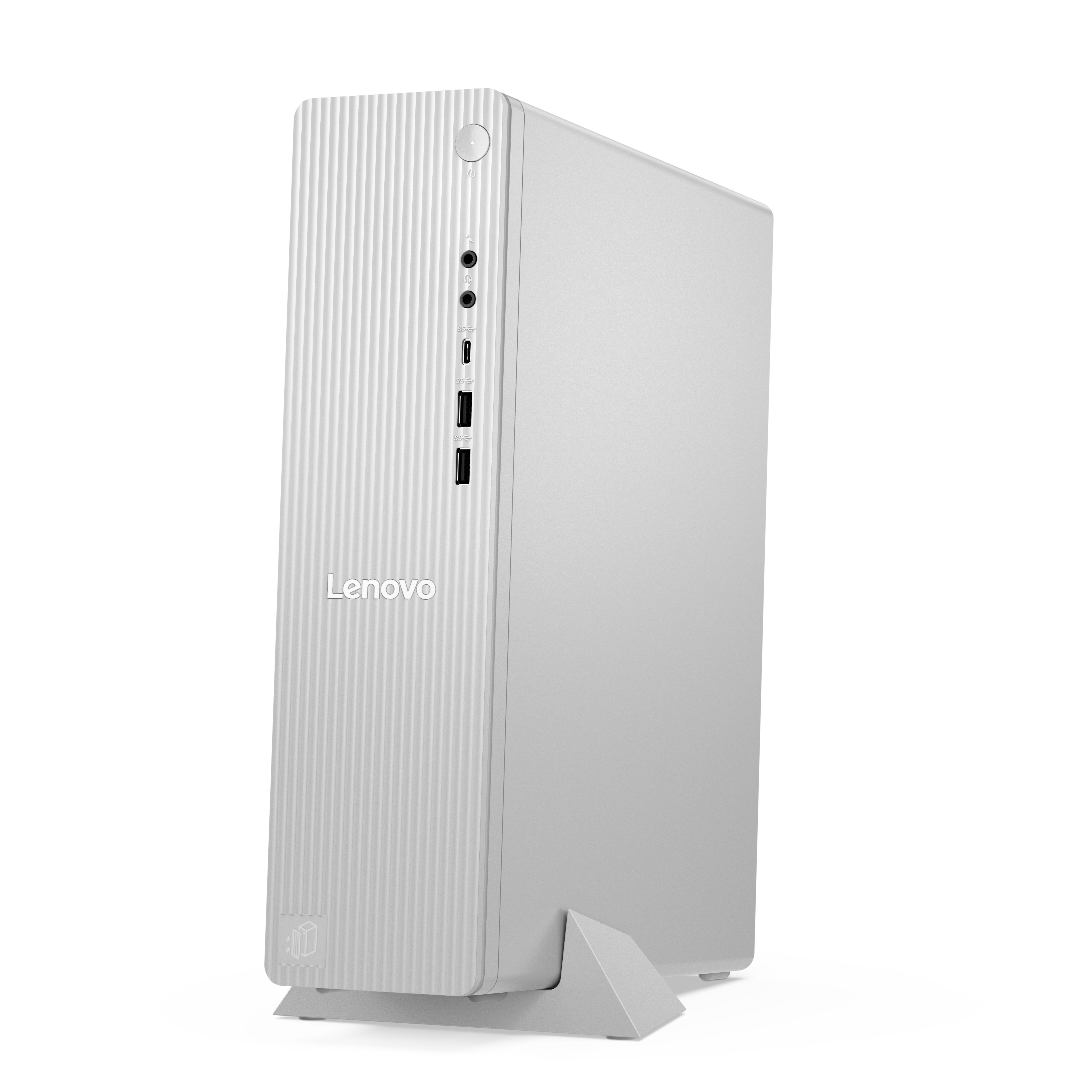 Ein schlanker, silberner Lenovo PC auf einem Ständer, mit geriffelter Front und USB-Anschlüssen.