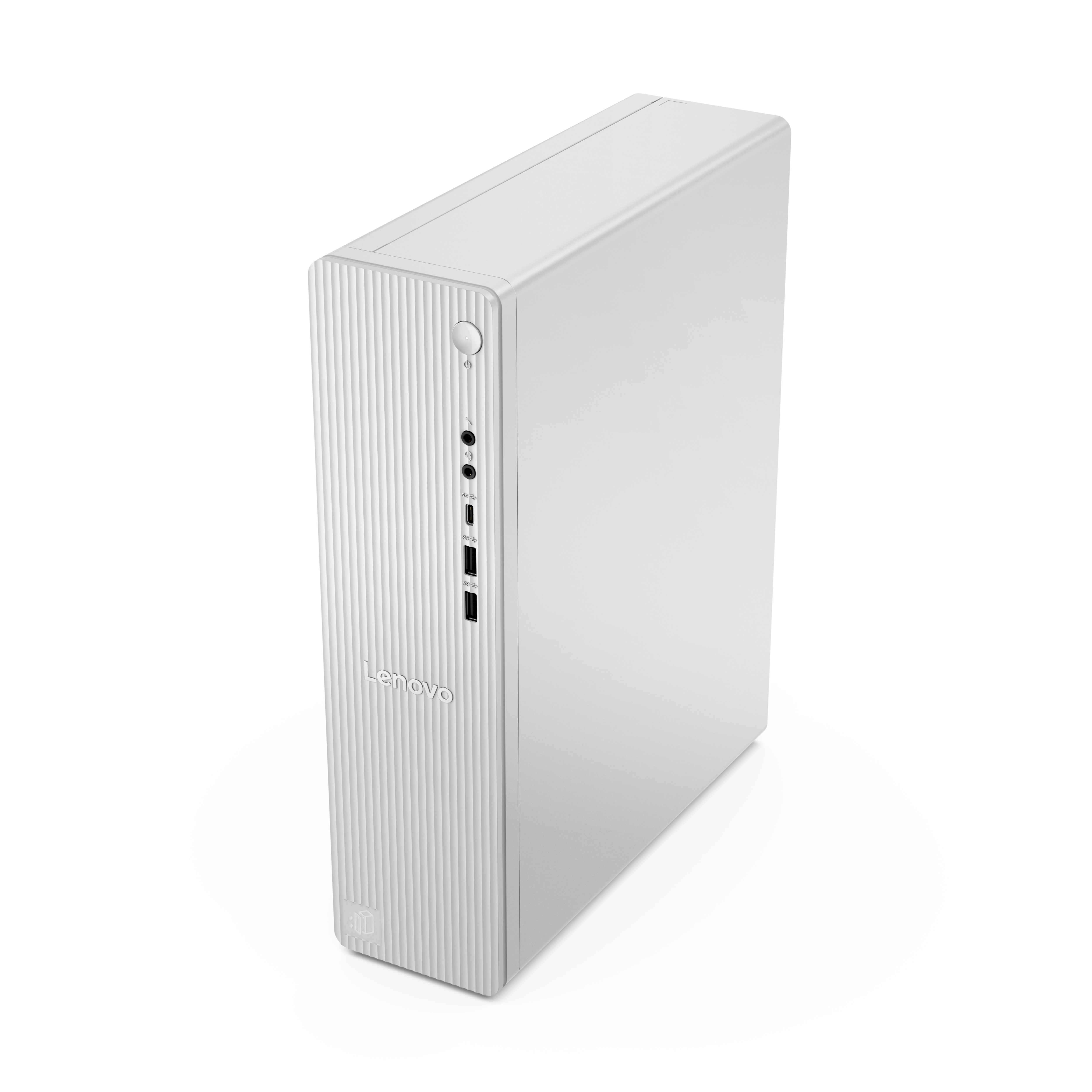Ein weißer Lenovo PC-Turm mit geriffelter Vorderseite und Anschlüssen.