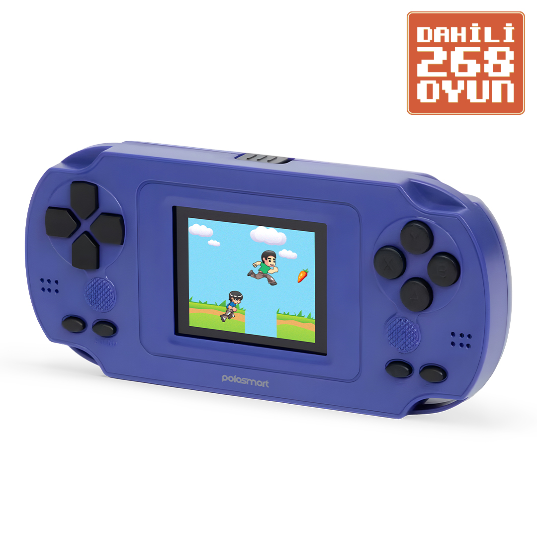 Ekranında 8-bit oyun gösteren mor renkli elde taşınabilir oyun cihazı.