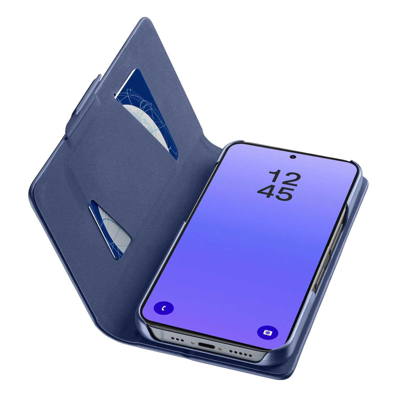 Teléfono azul con funda, ranuras para tarjetas en el lado izquierdo.