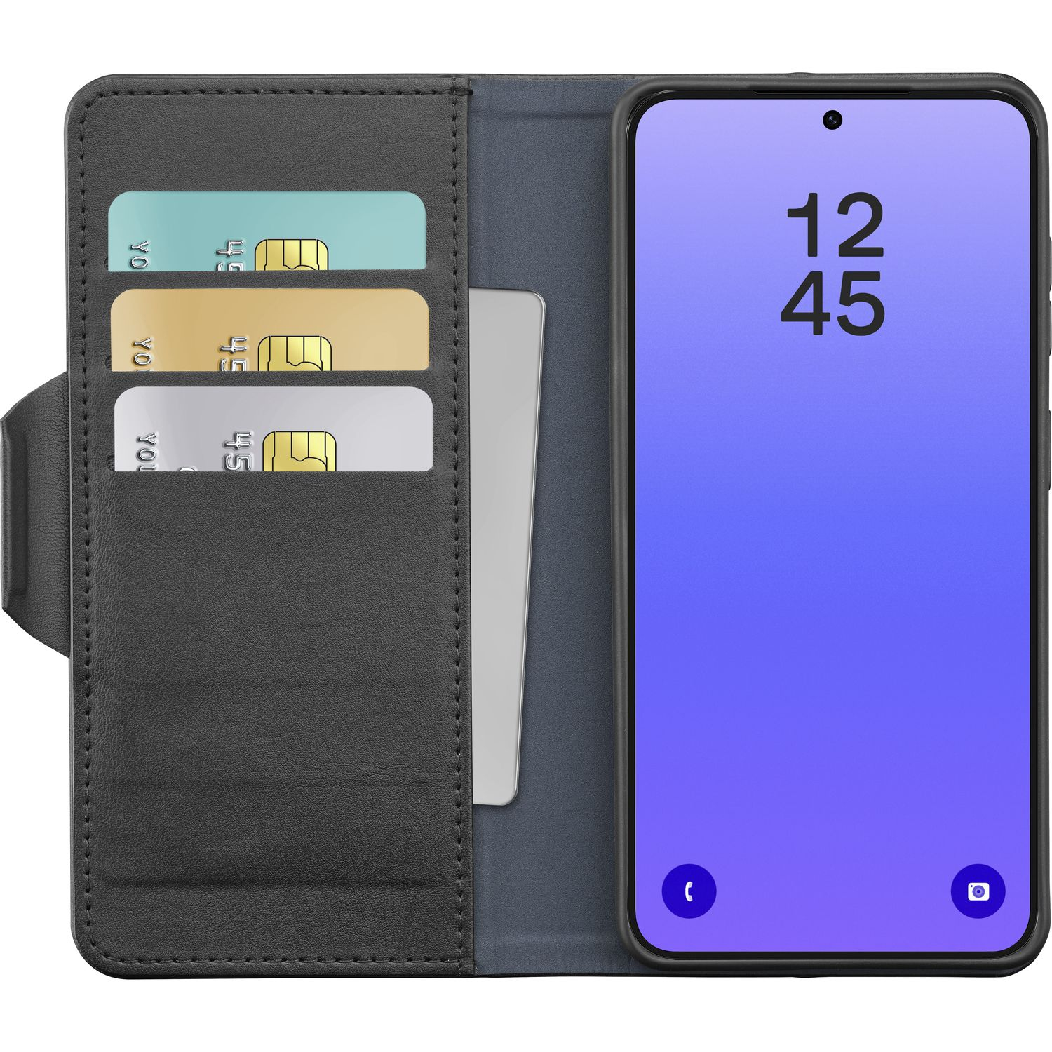 Funda de teléfono negra con tres ranuras para tarjetas y un smartphone en horizontal.