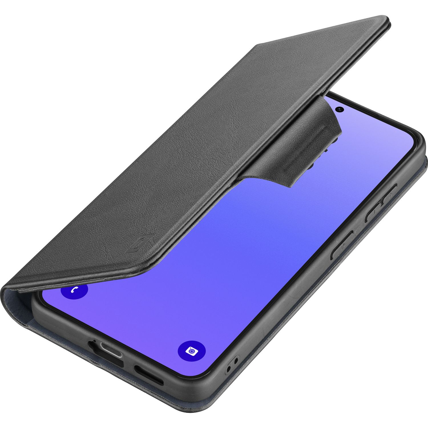 Funda tipo libro negra para un smartphone con pantalla azul.