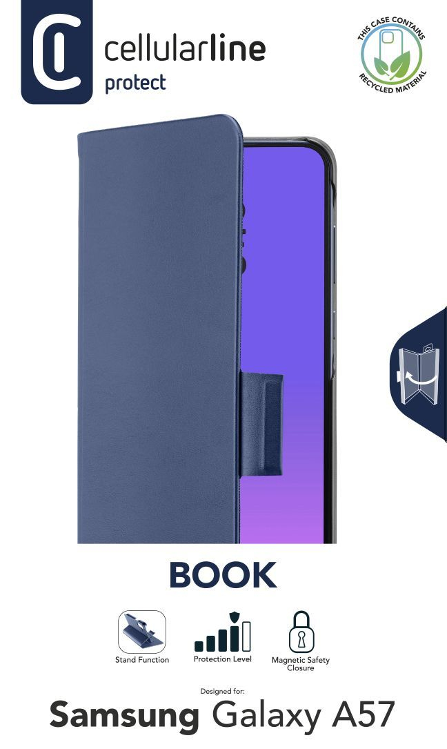 Una funda azul para Samsung Galaxy A57 con logo y símbolo de material reciclado.