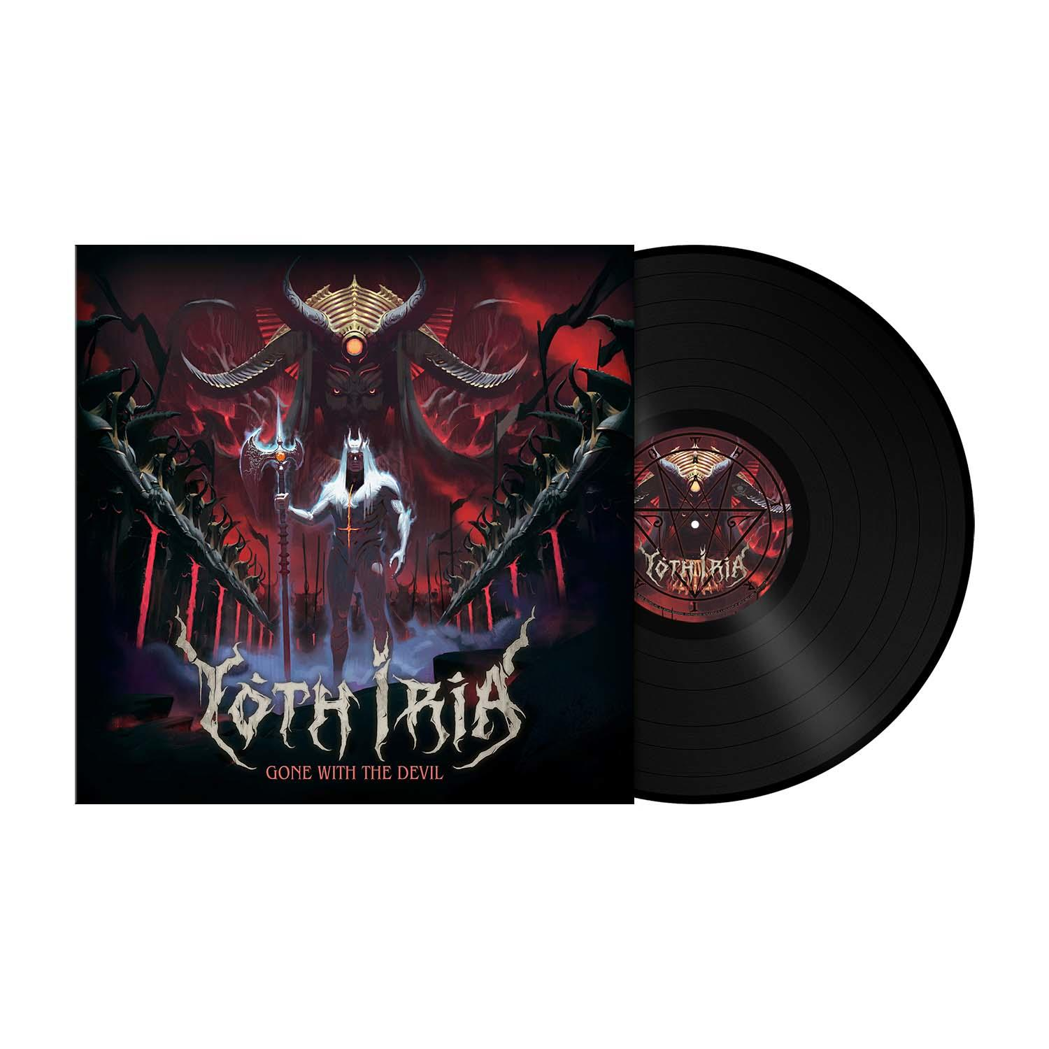 Schwarze Schallplatte mit Albumcover, das eine dunkle Fantasy-Figur zeigt.