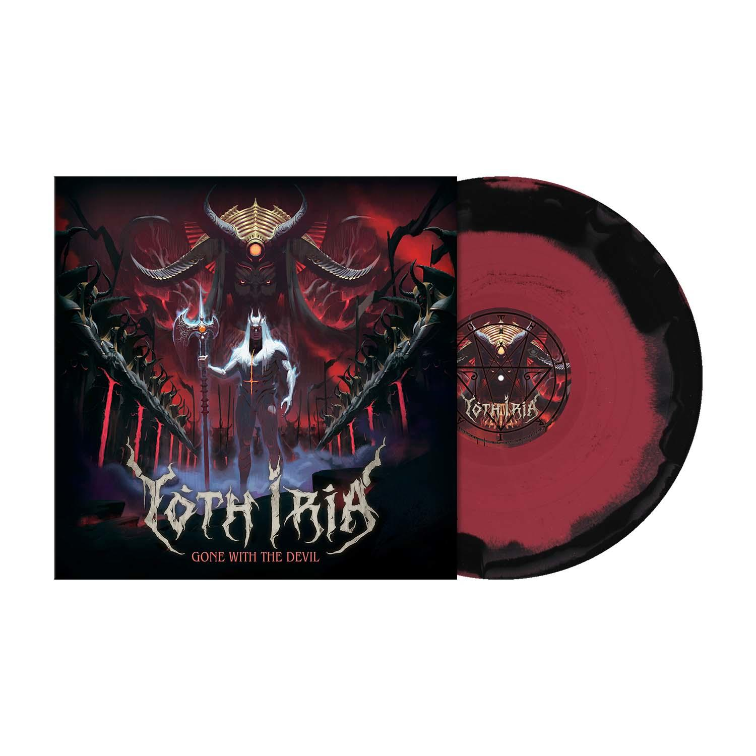 Schwarze und rote Vinylschallplatte mit Albumcover einer dämonischen Figur.