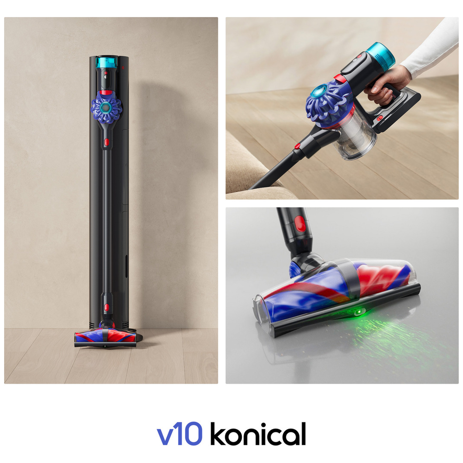 A black cordless vacuum with blue and red accents is shown.
