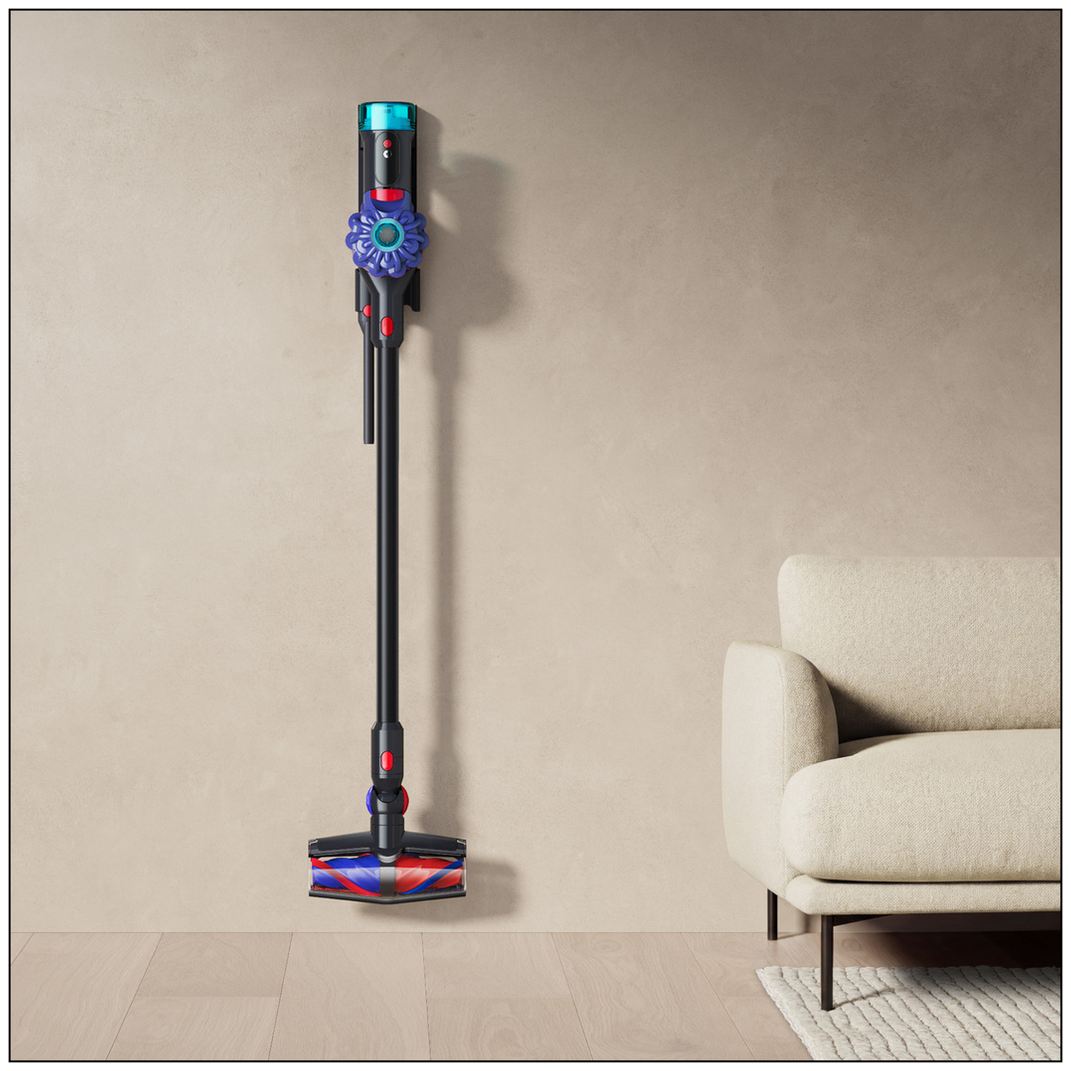 A black stick vacuum with blue and red accents is mounted on a wall.