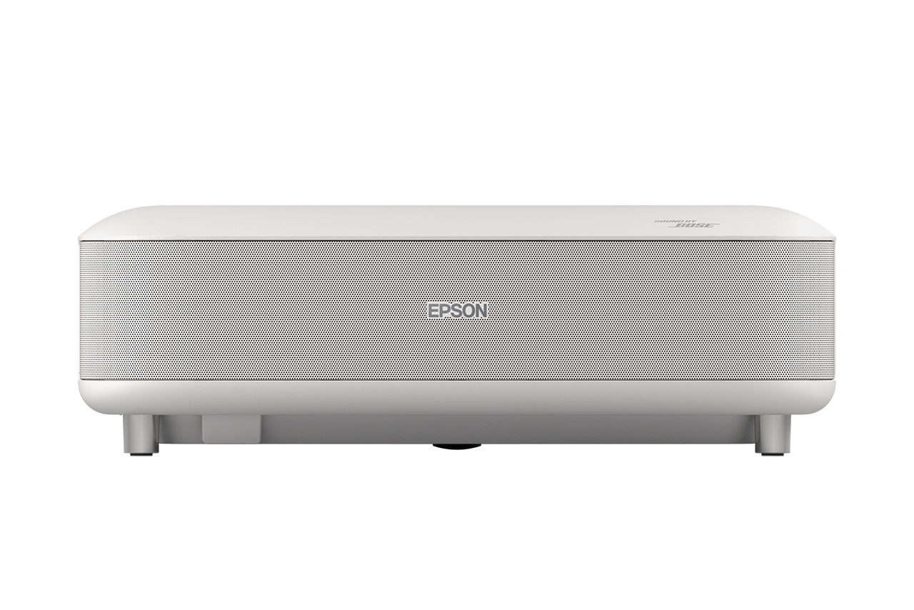Beyaz Epson projektör, Bose sesli, beyaz arka plan üzerinde.
