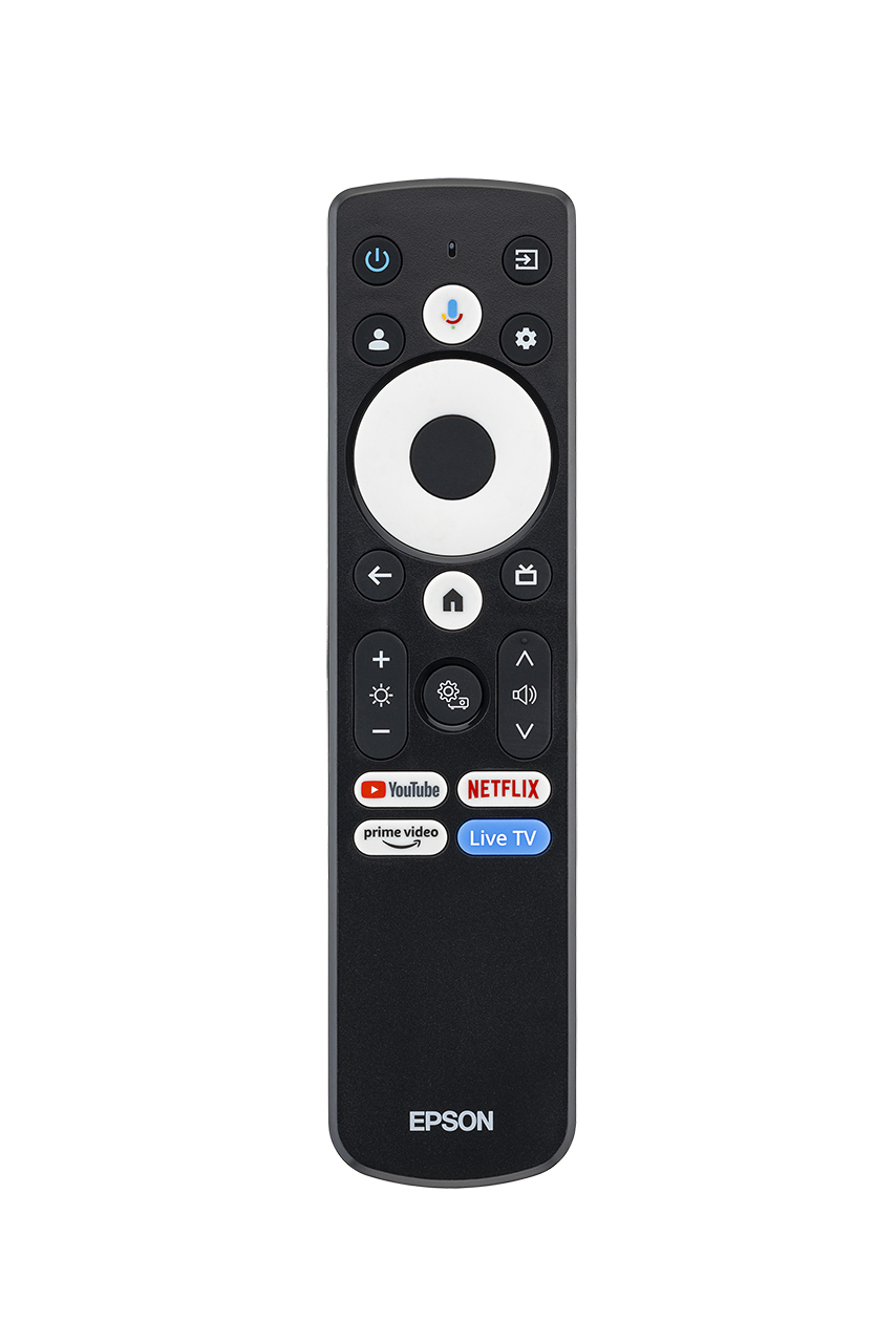 Navigasyon düğmeleri, hızlı uygulama erişimi ve Epson logosu bulunan siyah kumanda.
