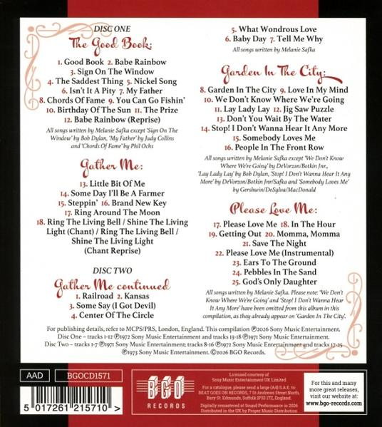Rückseite eines Albums mit Songlisten, Titeln und Copyright-Informationen.