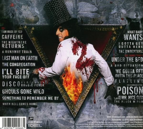 Alice Cooper mit blutbeflecktem Hemd und Zylinder, Flammen am Rücken. Trackliste.