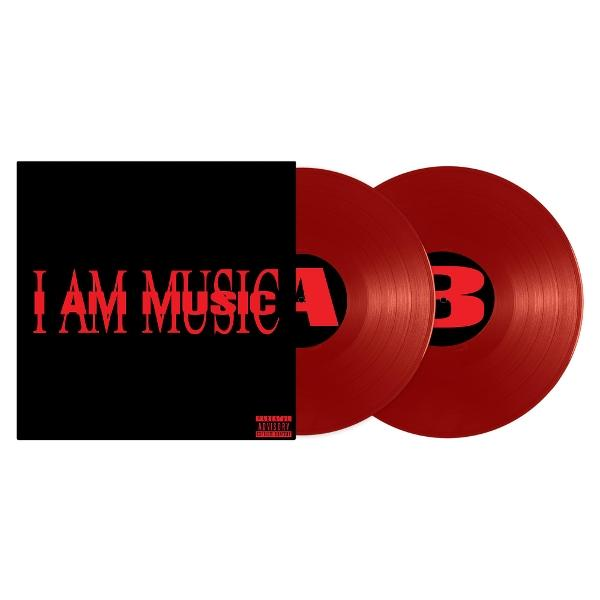 Schwarze Hülle mit roten Vinyl-Schallplatten. "I AM MUSIC A B" steht drauf.
