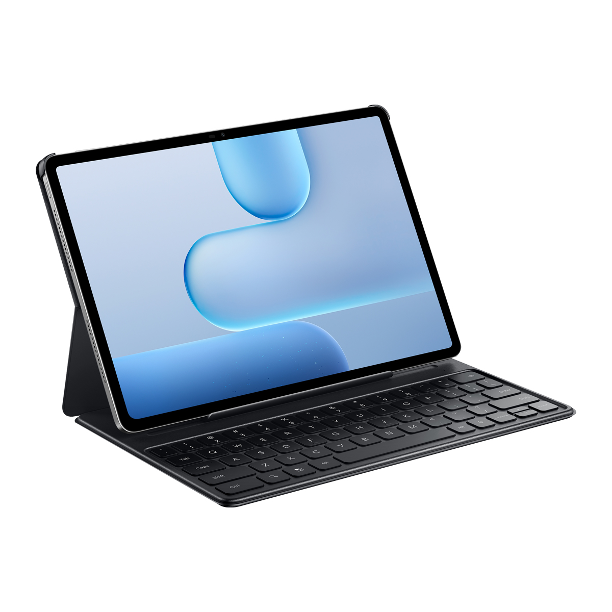 Klavyesi ve mavi duvar kağıdı olan siyah bir tablet.