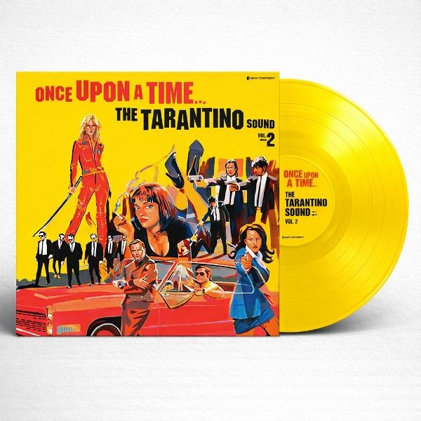 Gelbes Vinyl-Cover mit Tarantino-Motiv: Figuren, rotes Auto.