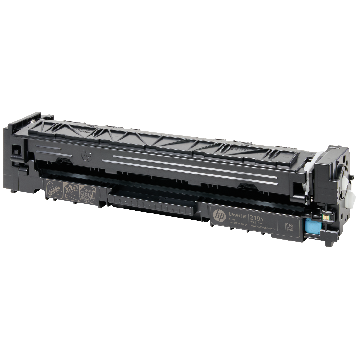A cyan HP LaserJet 219A toner cartridge, isolated on a white background.