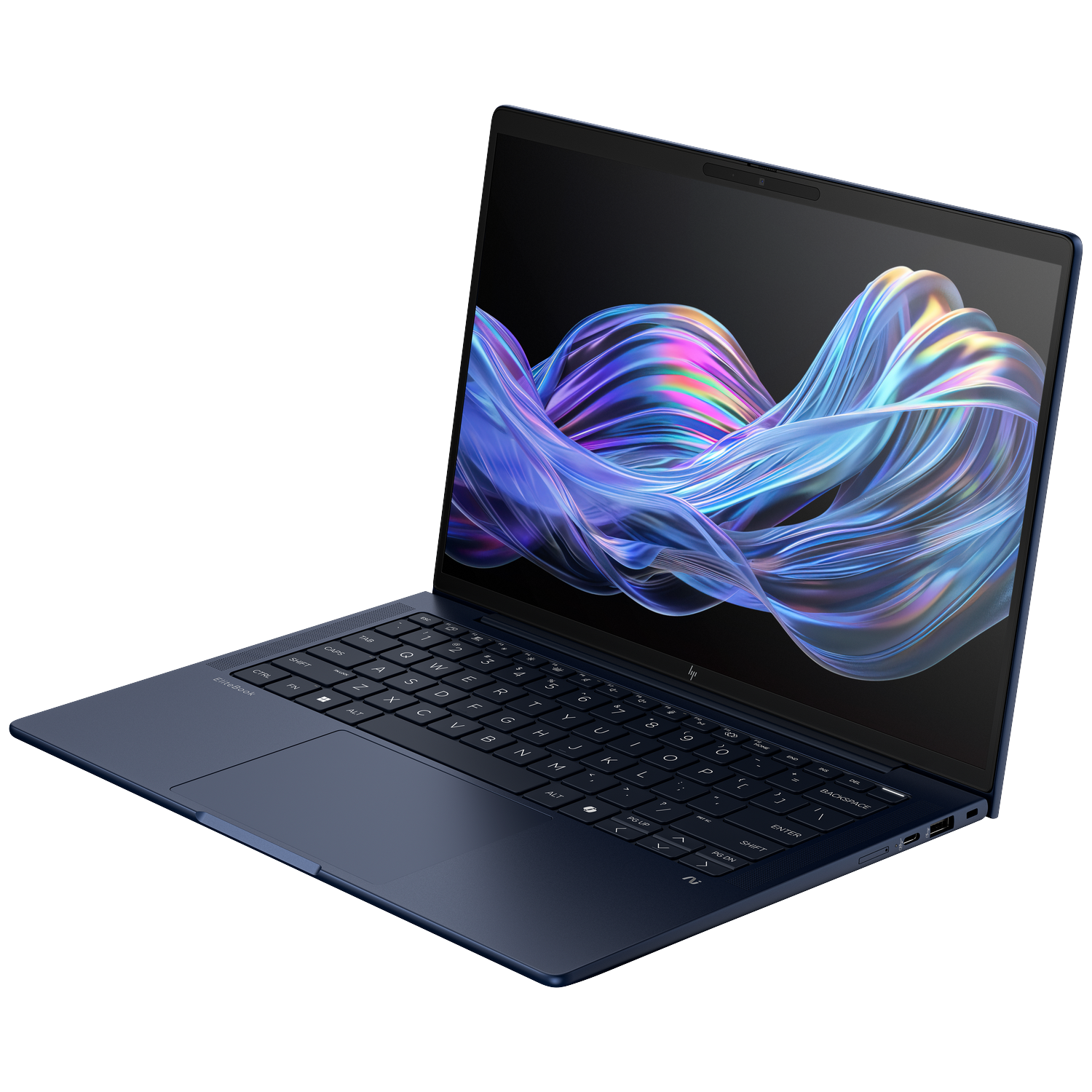 An open dark blue laptop with an abstract colorful background displayed on the screen.