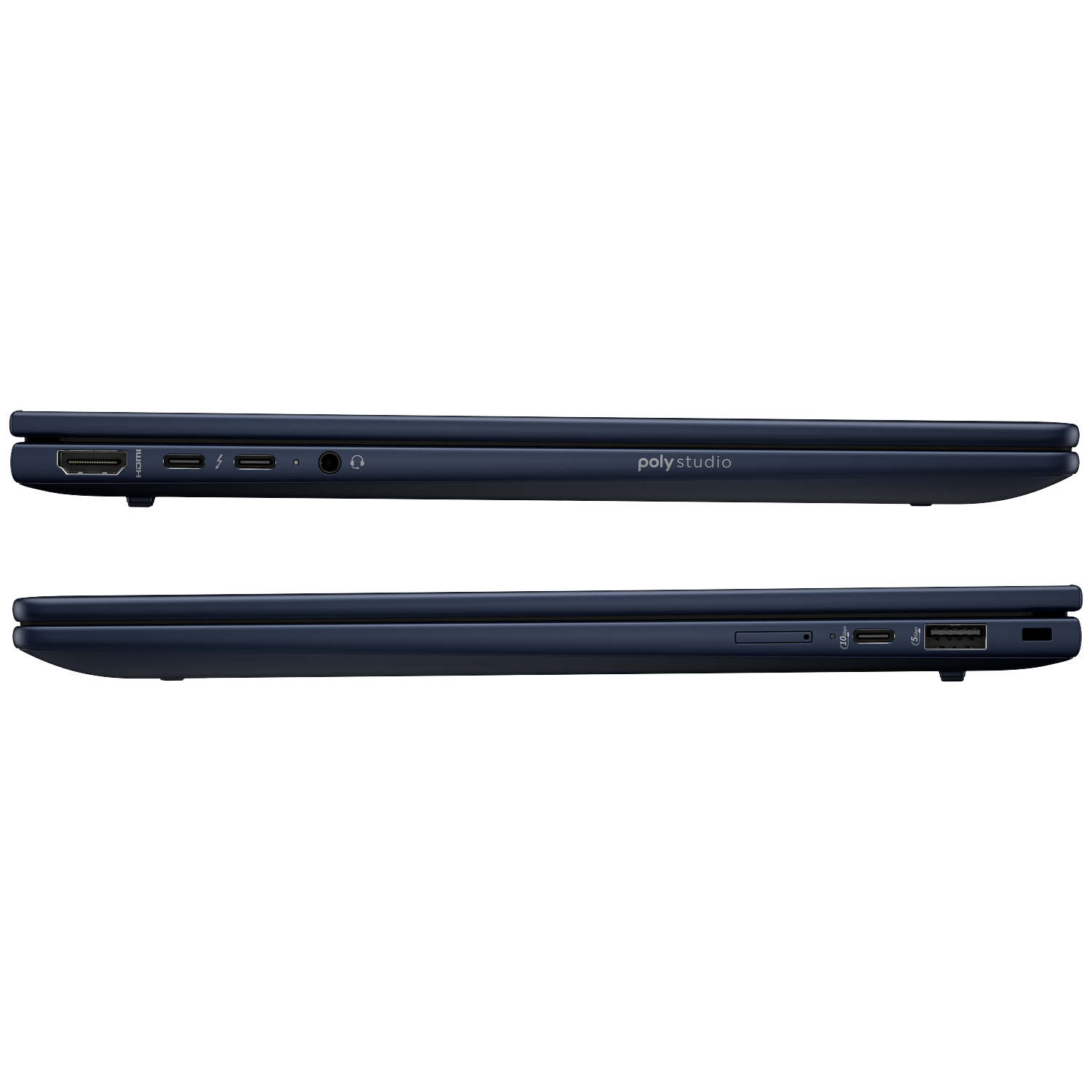 Dark blue laptop profile with ports: HDMI, USB-C, headphone jack.