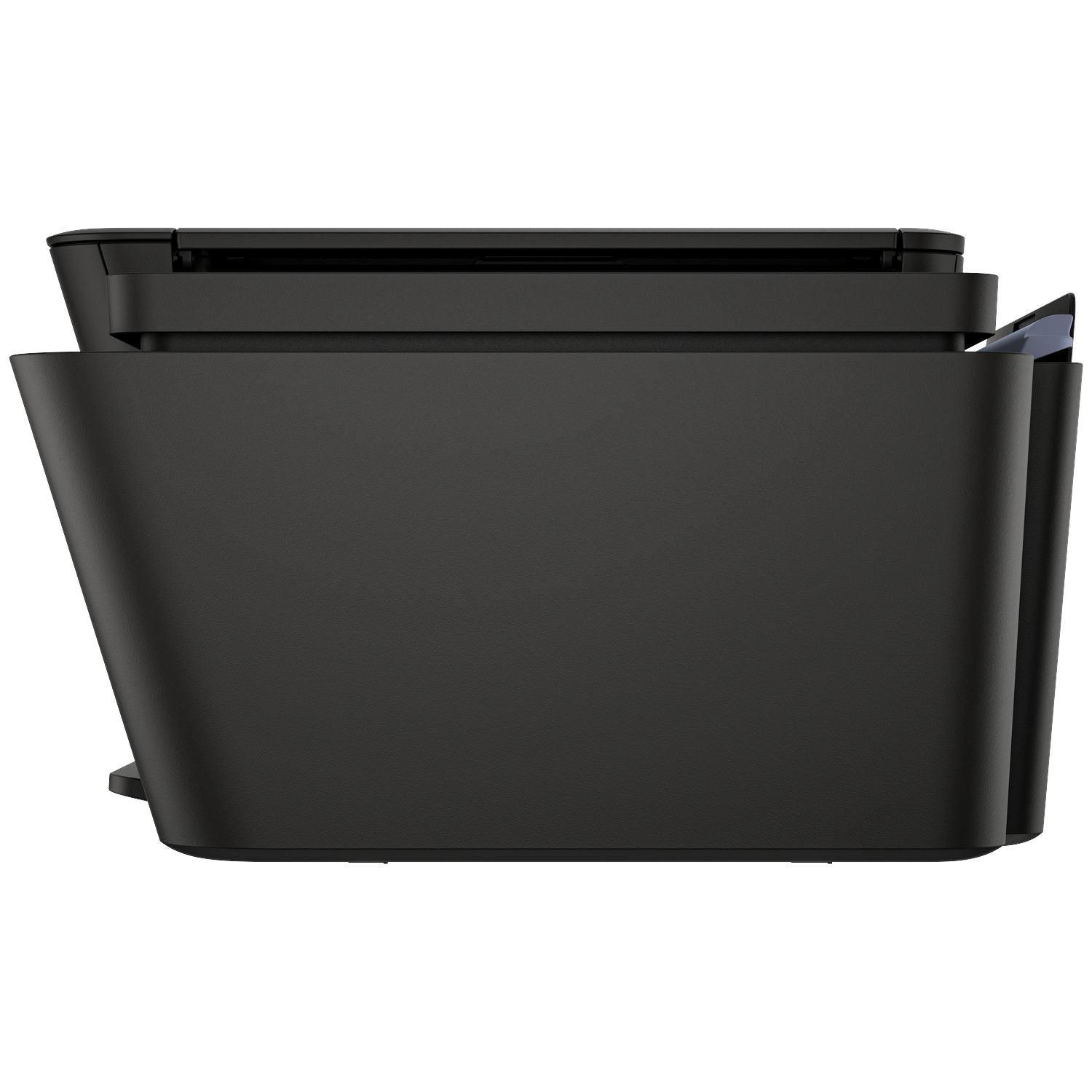 Black printer from the side with the scanner lid open.