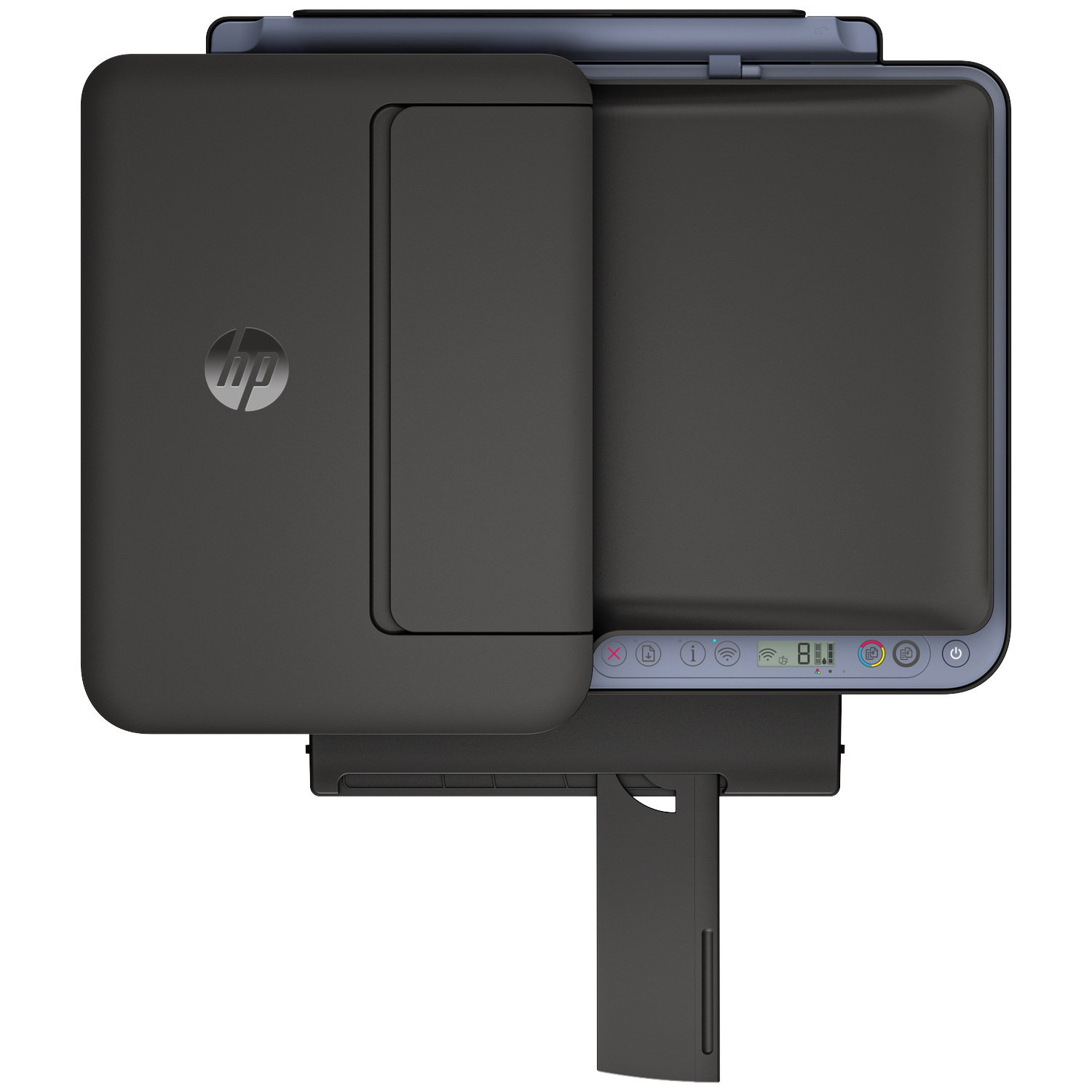 Black HP printer with paper tray extended and control panel visible.