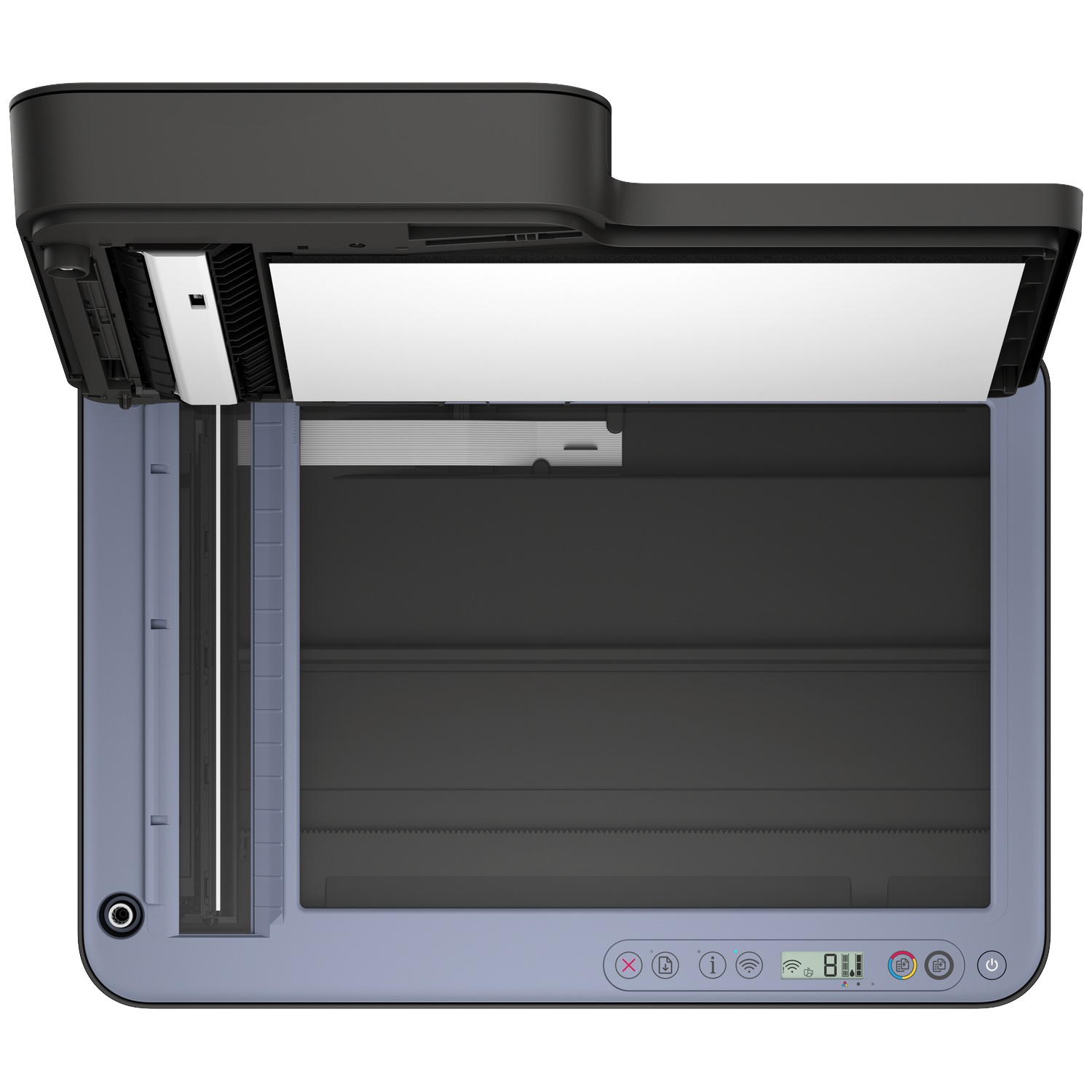 Open printer with lid raised, showing scanner bed. Black lid, grey body.
