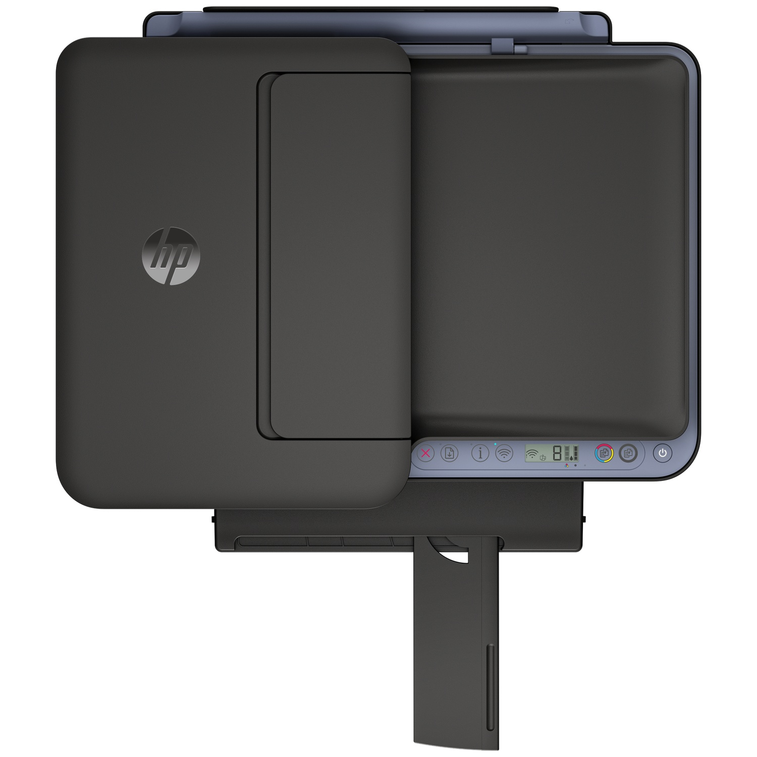 Black HP printer with extended paper tray and control panel.