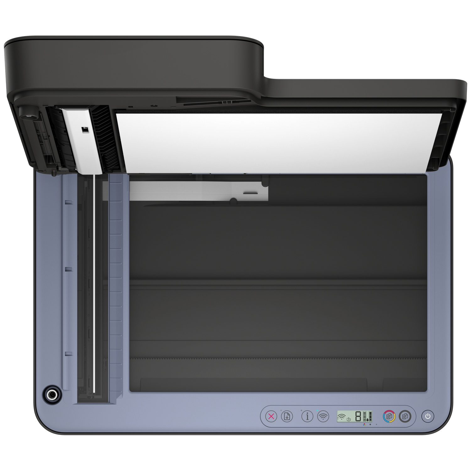 Top view of an open printer with a scanner, white paper in the scanner.