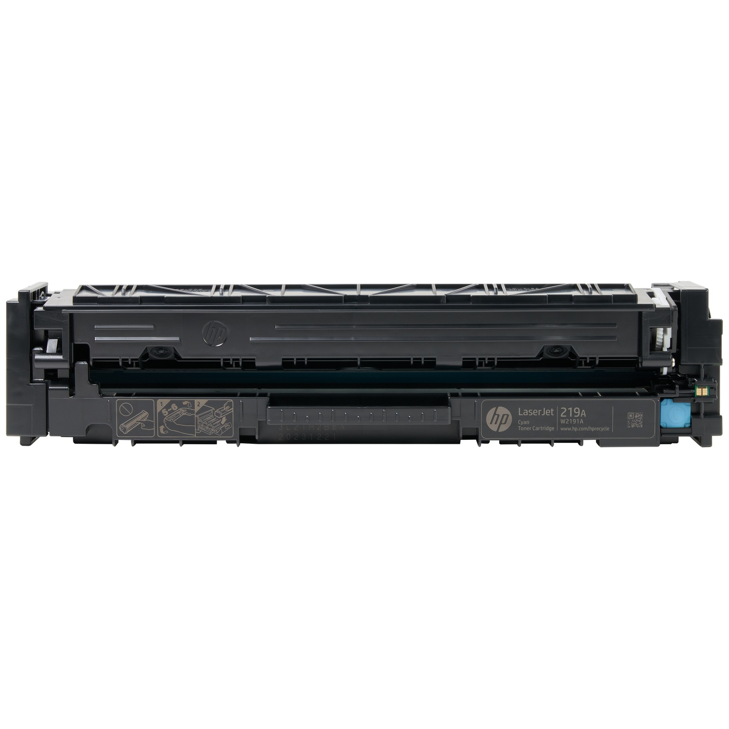 Black HP LaserJet 219A Cyan toner cartridge with QR code and recycling website.