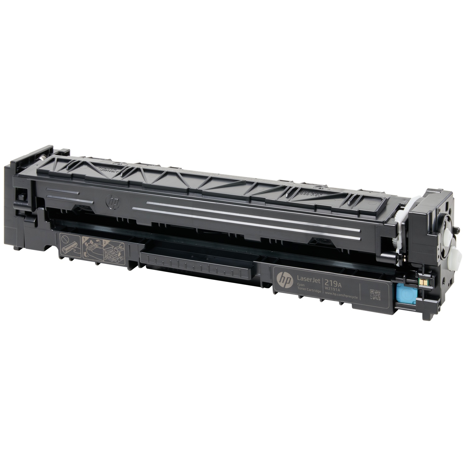 A black HP LaserJet 219A Cyan toner cartridge on a white background.