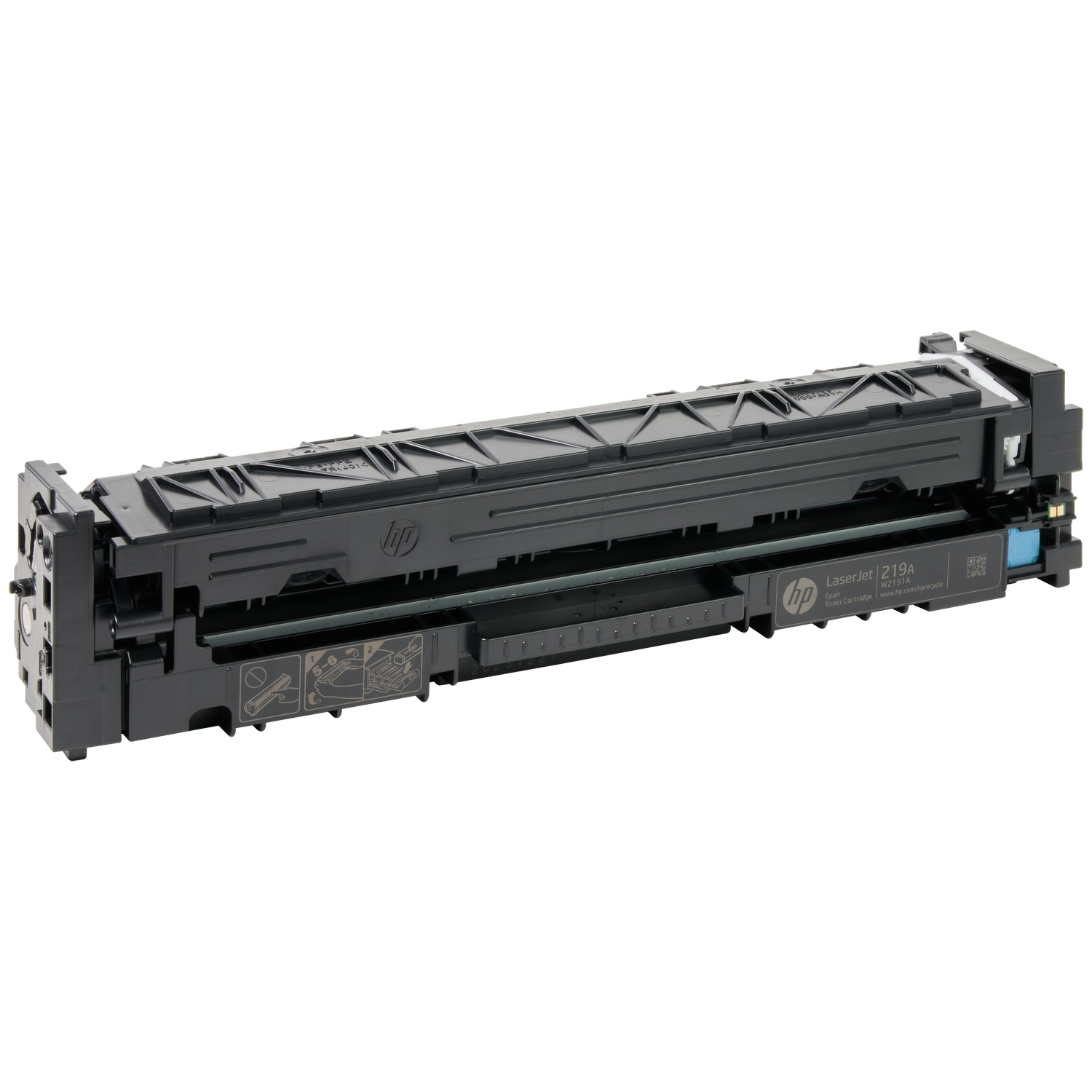 Black HP LaserJet 219A Cyan Toner Cartridge with QR code and warning icons.