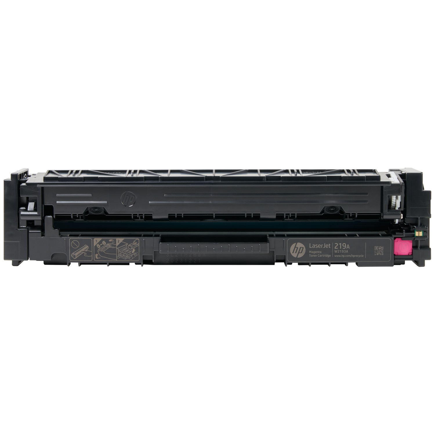 Black HP LaserJet 219A Magenta toner cartridge with HP logo and recycling website.