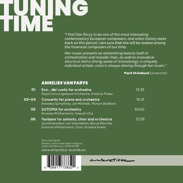Albumcover mit dem Titel 'Tuning Time' für Annelies Van Parys. Beinhaltet Werkliste & Zitate.