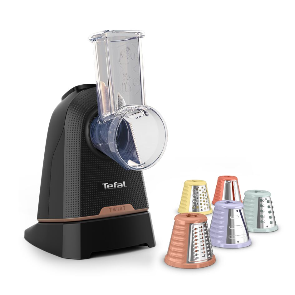 Tefal rende, dört renkli aparatla: sarı, turuncu, mor, mavi.