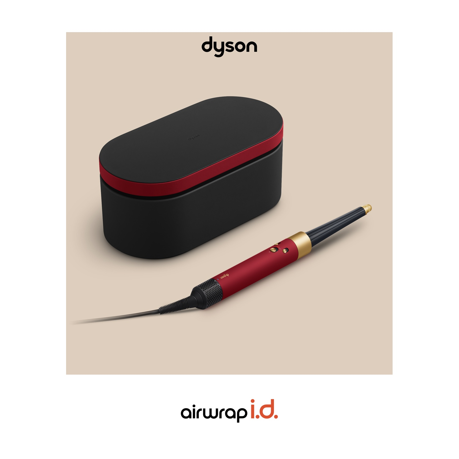Dyson Airwrap: strumento per capelli rosso, oro e nero con custodia.