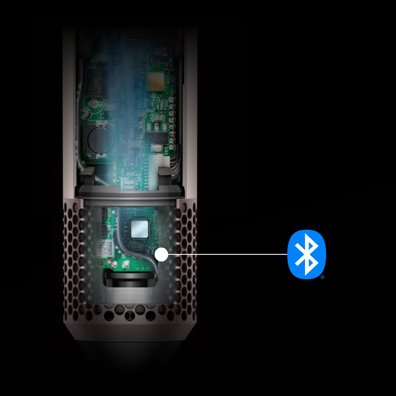 Vista in sezione di un dispositivo con circuiti stampati e un simbolo Bluetooth.