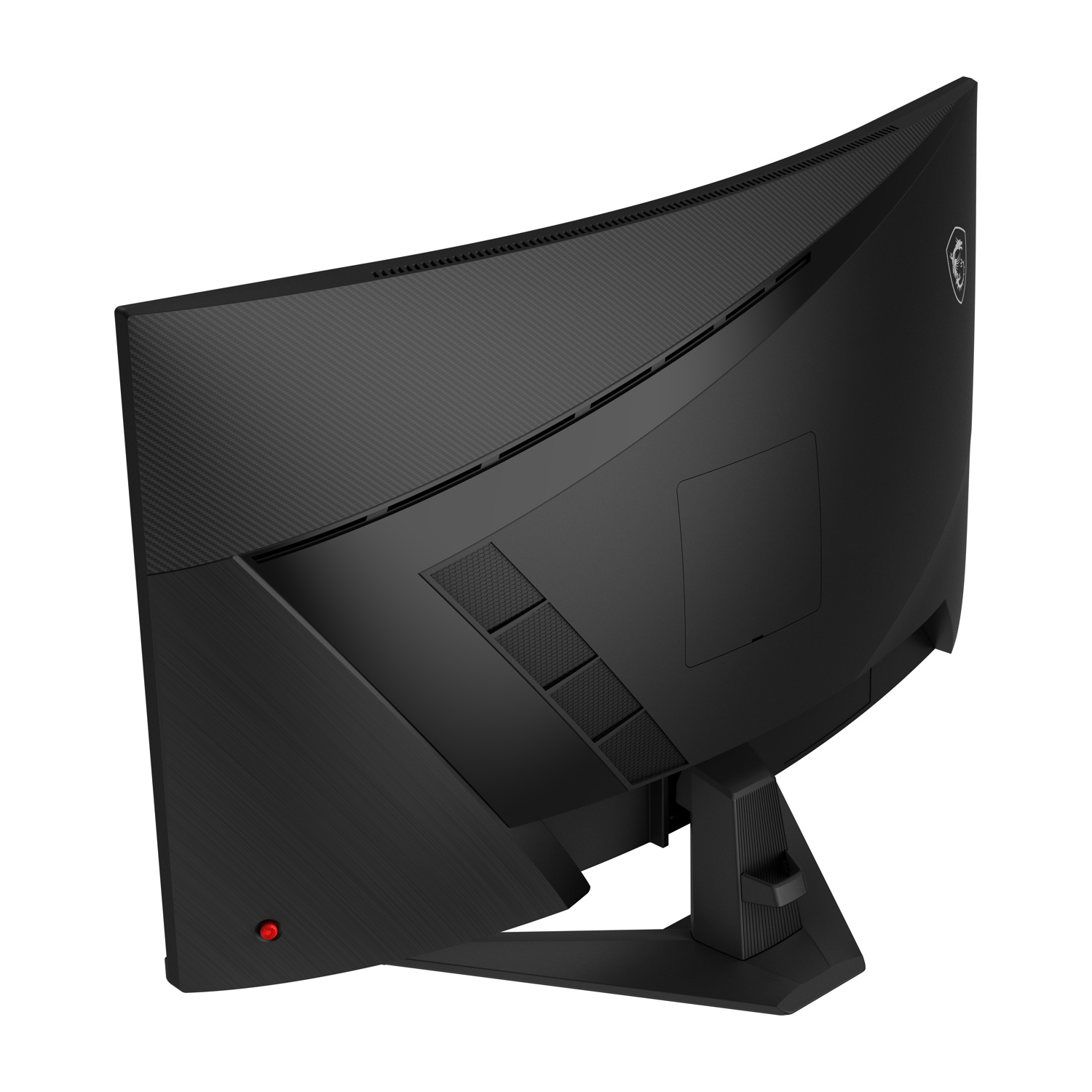 Retro di un monitor curvo nero con prese d'aria e logo MSI.