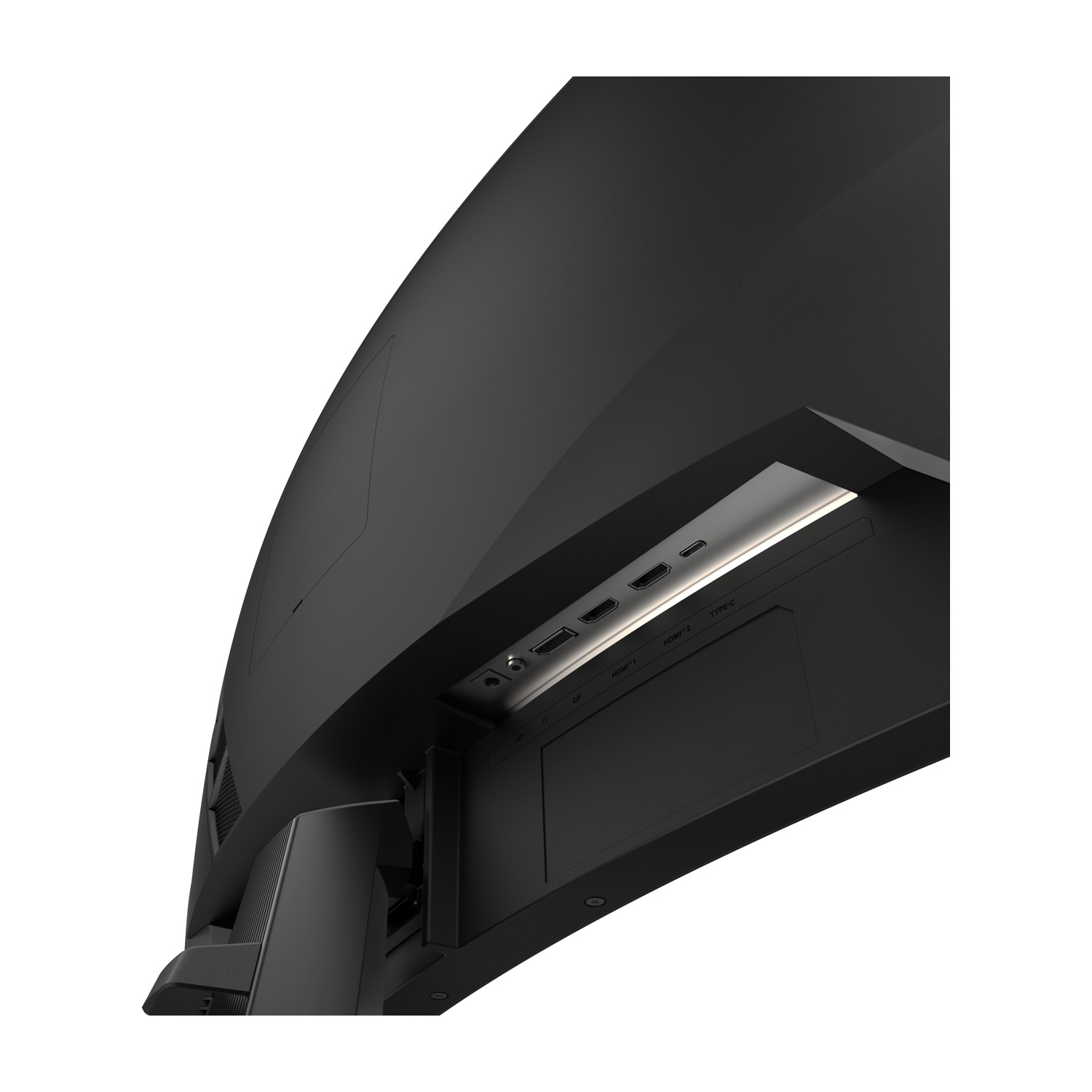 Parte inferiore di un monitor nero con porte: DP, HDMI 1, HDMI 2, Type-C.