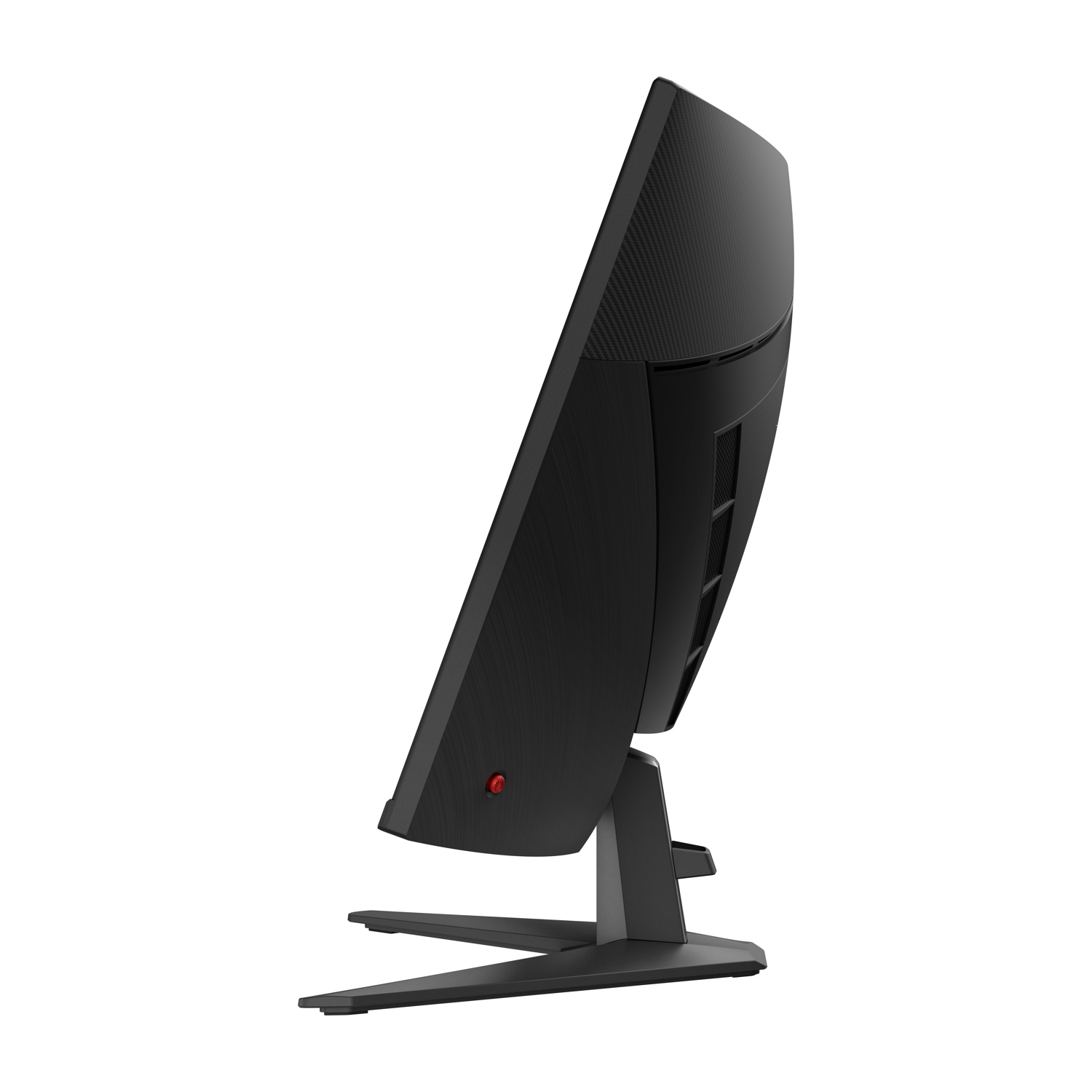 Monitor curvo nero su supporto, visto di lato.