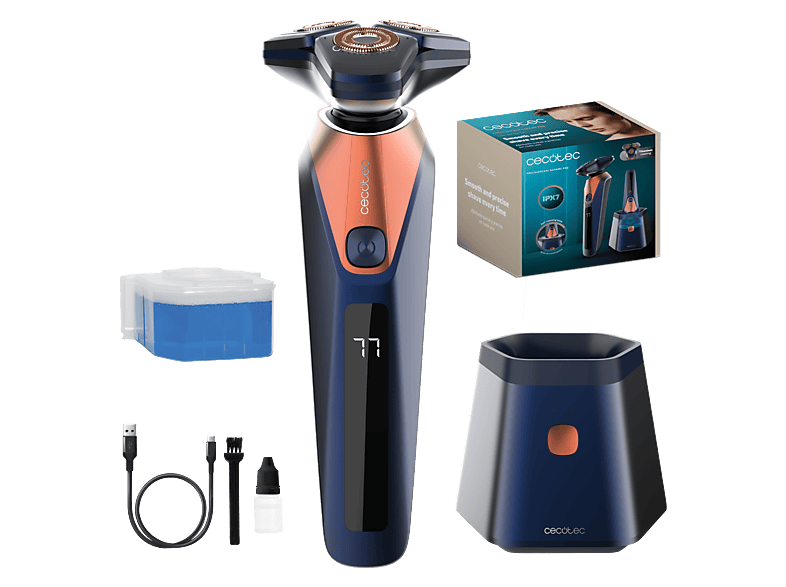 Afeitadora - Cecotec PrecisionCare Saphire Pro, 90 min, Resistencia al agua IPX7, base de autolimpieza, Cuchillas titanio, 3 velocidades, Azul