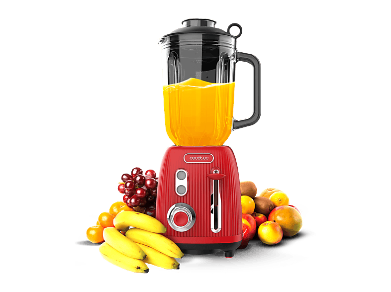 Batidora de vaso - Cecotec Power Black Titanium RetroRed, 1200 W, Jarra cristal 1,5 L, 4 cuchillas titanio negro, Motor Copper, Diseño retro, Rojo