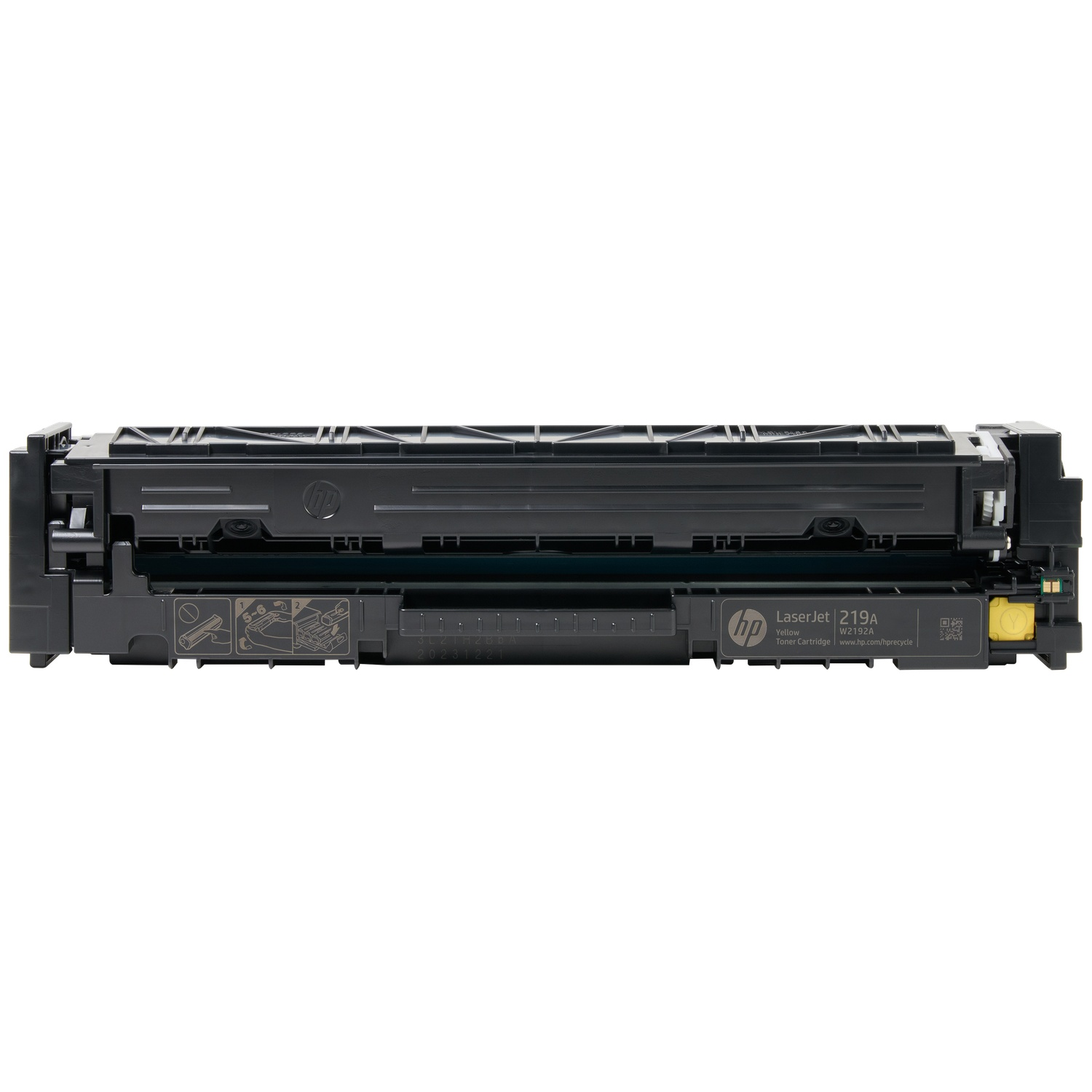 Black HP LaserJet 219A toner cartridge with yellow accents on a white background.
