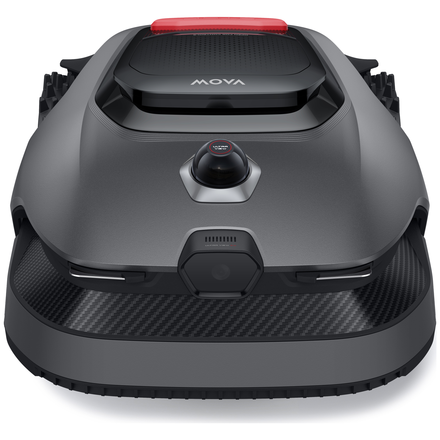 A grey robot lawn mower with a red top and camera, isolated on white.