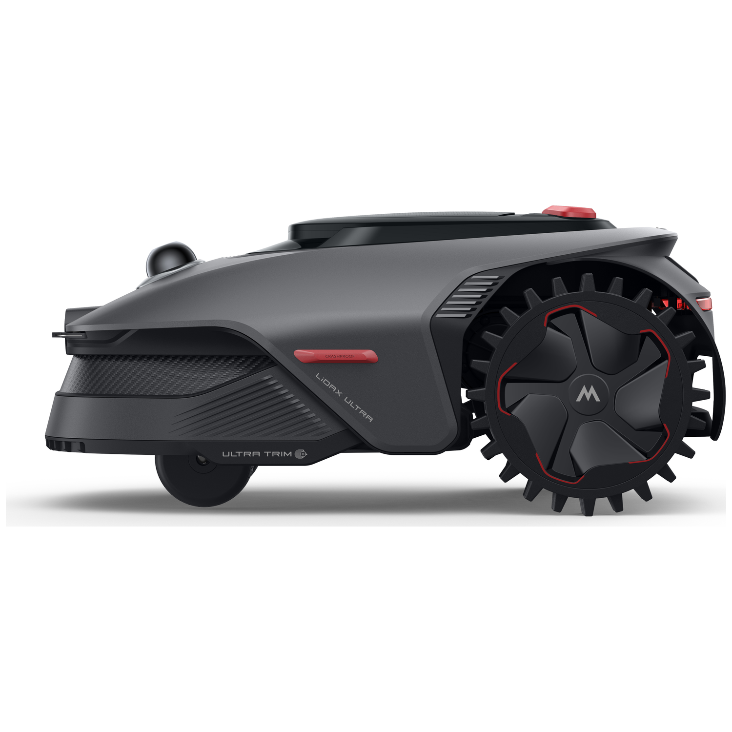 A dark, modern lawn mower robot with large wheels and red accents.