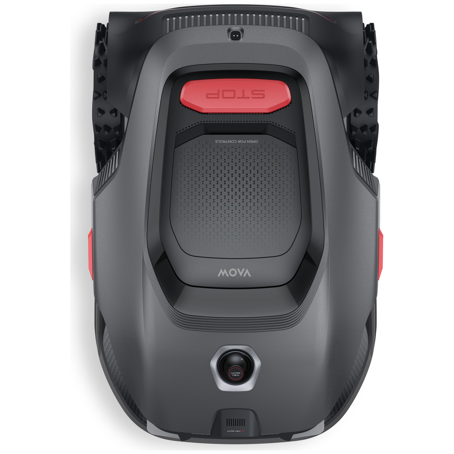 A gray robotic lawn mower with a red stop button and black wheels.