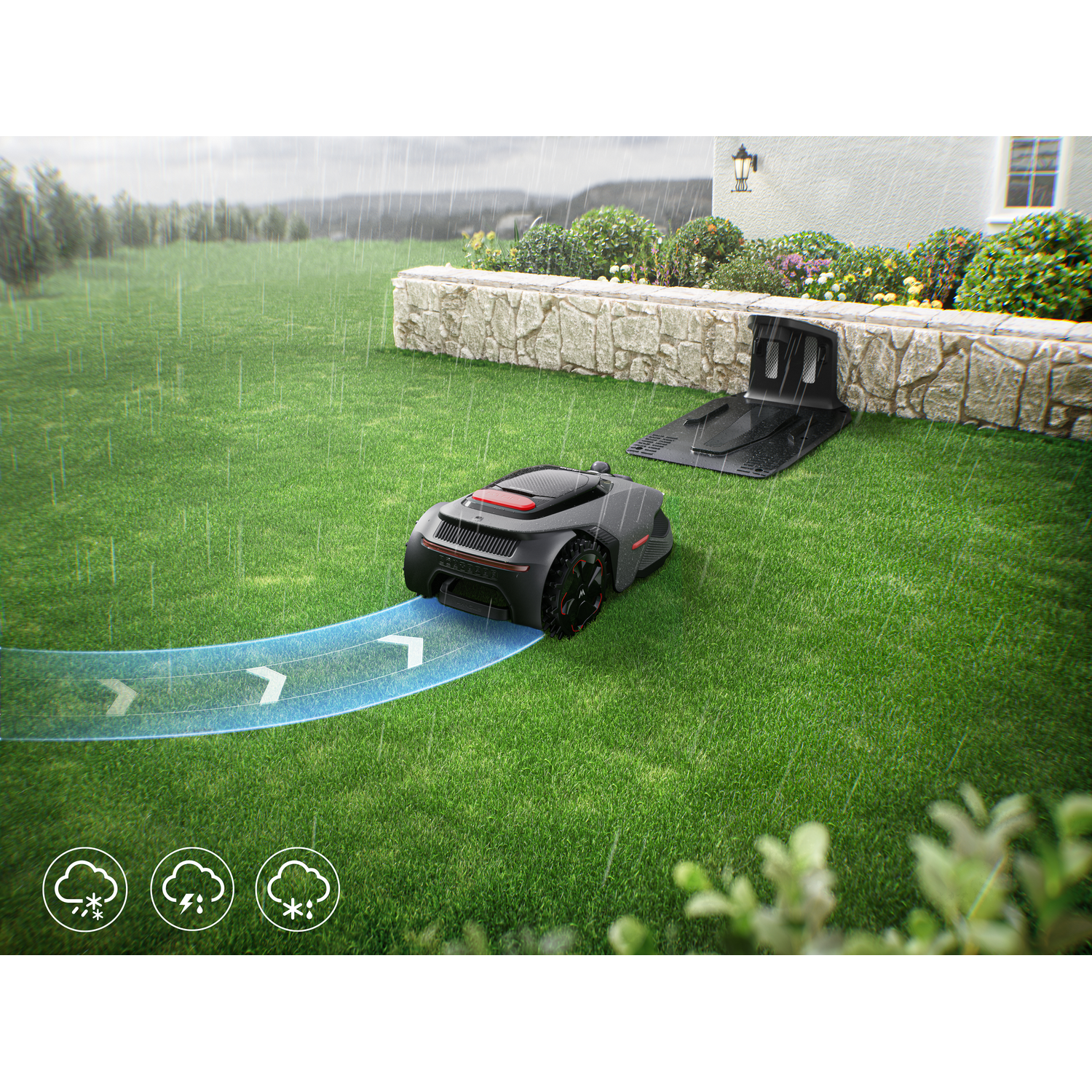 A robotic mower drives on a lawn towards its charging station in the rain.