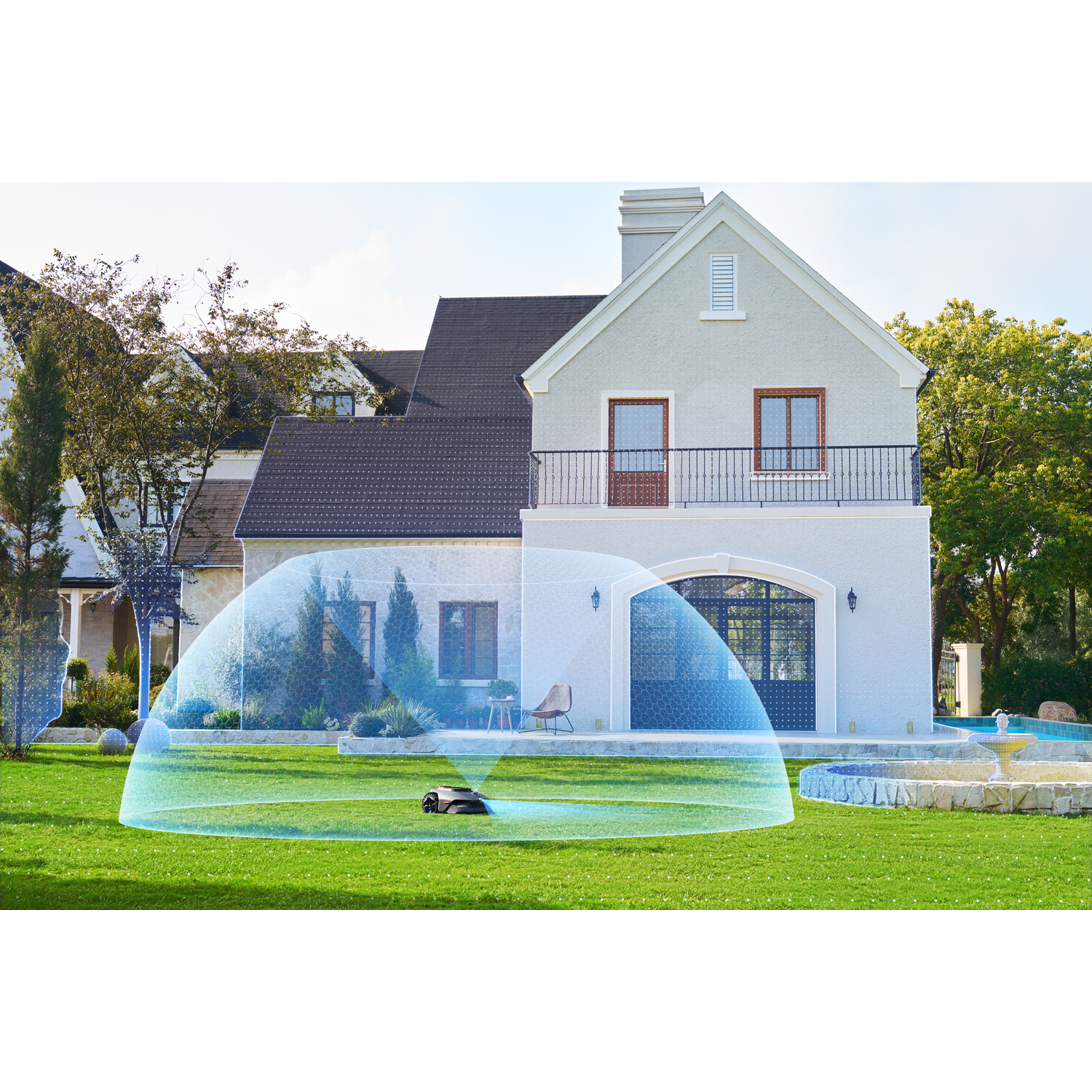 A robotic lawn mower on a green lawn in front of a house, outlined by virtual bubbles.